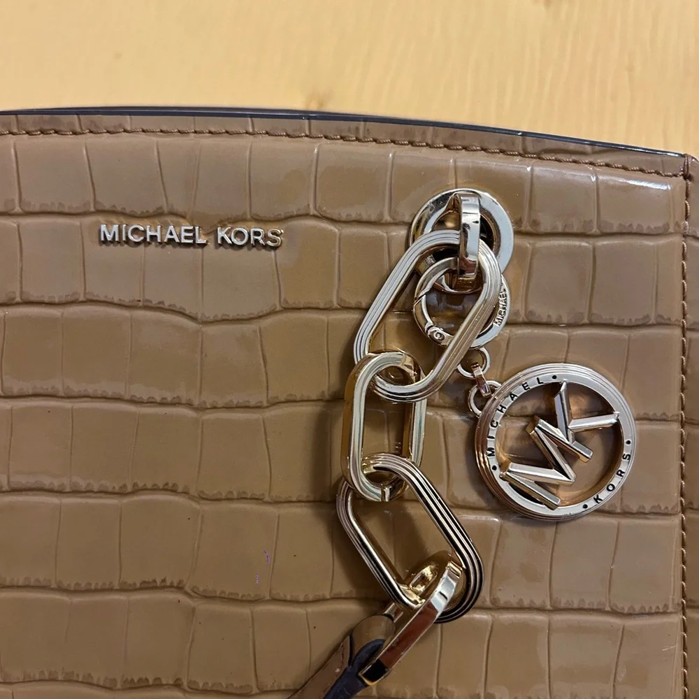 Michael Kors Cynthia Small Crocodile Embossed Leather Satchel - Pale Peanut - Picture 11 of 12